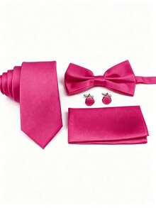 4pcs Men's Business Solid Color Polyester Tie & Bow Tie & Pocket Square & Cufflinks Combination Set, For Weddings - Hot Pink - View 2