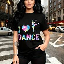 Camiseta de mujer con estampado colorido "I ️ DANCE" y silueta bailarina en tie-dye arcoíris - camiseta casual de cuello redondo, ajuste cómodo y estilo urbano vibrante para expresar pasión por el baile - ideal para salidas casuales, festivales de m - Negro - Ver 1