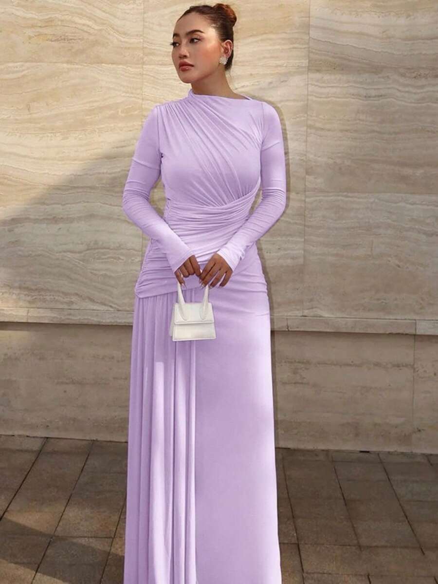 Vestido Nuevo de Otoño-Invierno para Mujer, Manga Larga, Cuello Redondo, Color Sólido, con Pliegues, Ajustado, Estilizante, Elegante y de Moda, Perfecto para Oficina, Cita, Fiesta, Looks Diarios - Morado - Ver 1