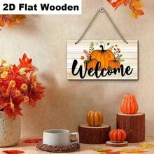 2D Printed Wooden Hanging Plaque, 1pc, Autumn Pumpkin Theme Entryway Decor, Suitable For Outdoor Home Decor, Welcome Sign Wall Hanging, 2D Flat Design - Multicolor - View 8