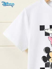 Disney 男童T恤套裝，夏季套裝迪士尼復古懷舊風格，寬鬆落肩圓領白色迪士尼家庭照短袖 + 純黑色短褲，休閒日常出遊度假派對穿著，適合8歲以下男童 - 黑色 - 查看 5