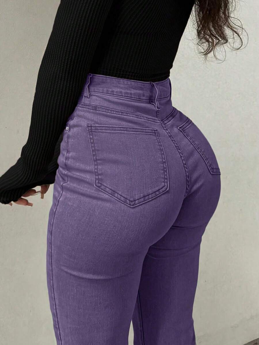 GILIPUR Jeans acampanados de talle alto para mujer estilo Y2K, pantalones vaqueros ajustados de color verde militar vintage, elásticos, elegantes y de moda, fondo versátil y casual para primavera - Morado - Ver 1