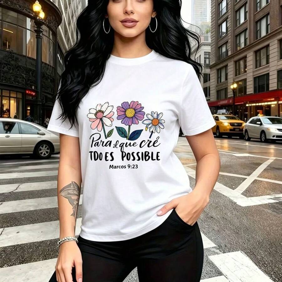 Camiseta de mujer con estampado de flores coloridas y frase inspiradora "Believe all things are possible" - diseño casual de manga corta, ajuste cómodo y estilo urbano moderno - ideal para paseos por la ciudad, reuniones familiares y regalo perfecto - Blanco - Ver 1