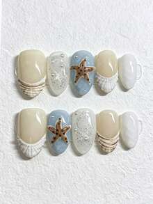 10Pcs Medium Short Almond Handmade Press On Nails, Summer Ocean Style With 3D Starfish Shell, Pearl & Glitter Details, Dopamine Sweet Y2K Beach Nails, Reusable Easy Application For Vacation Wedding Daily Outfits - Multicolor - View 3