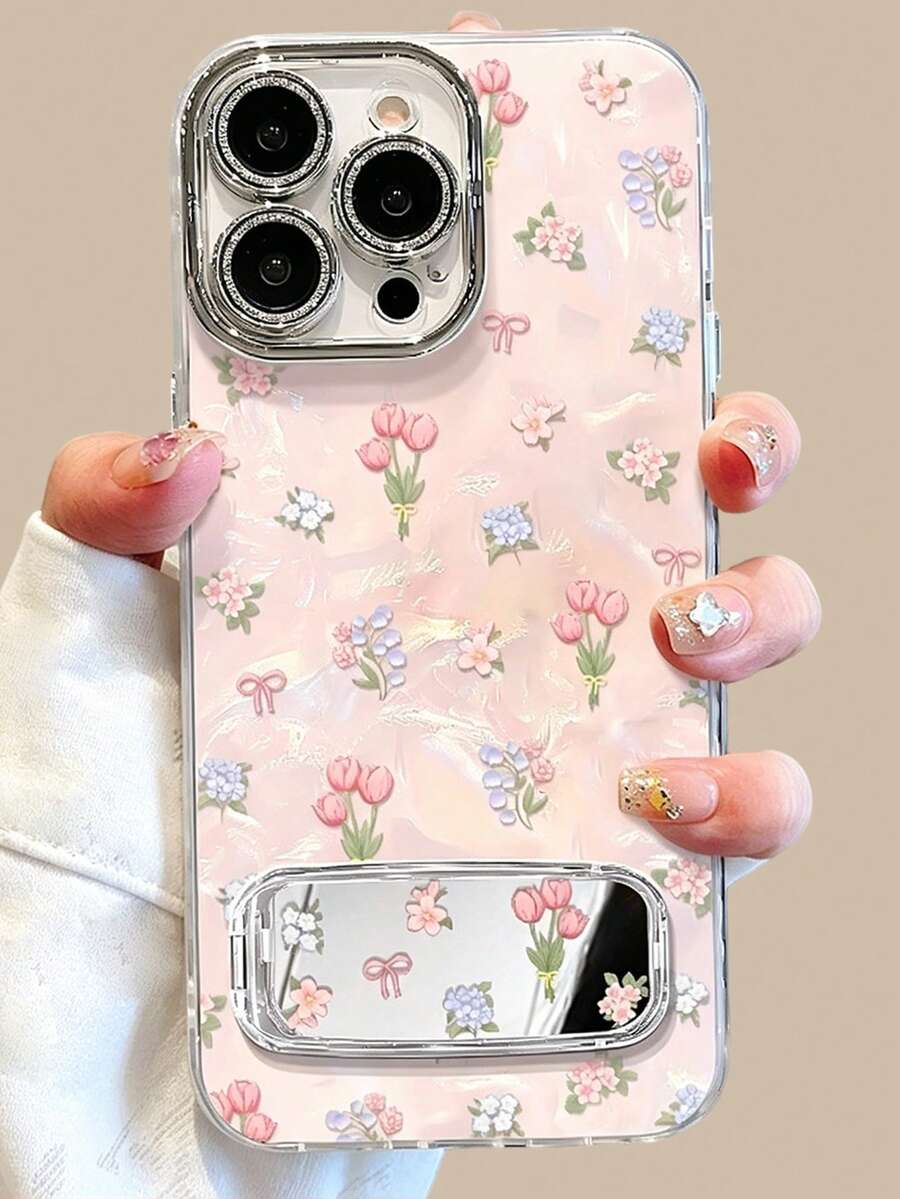 郁金香花束镜面支架防震全包手机壳,春夏郁金香全屏保护套,适用于 11/12/13/14/15/16/17/Pro Max - 粉色 - 查看 1