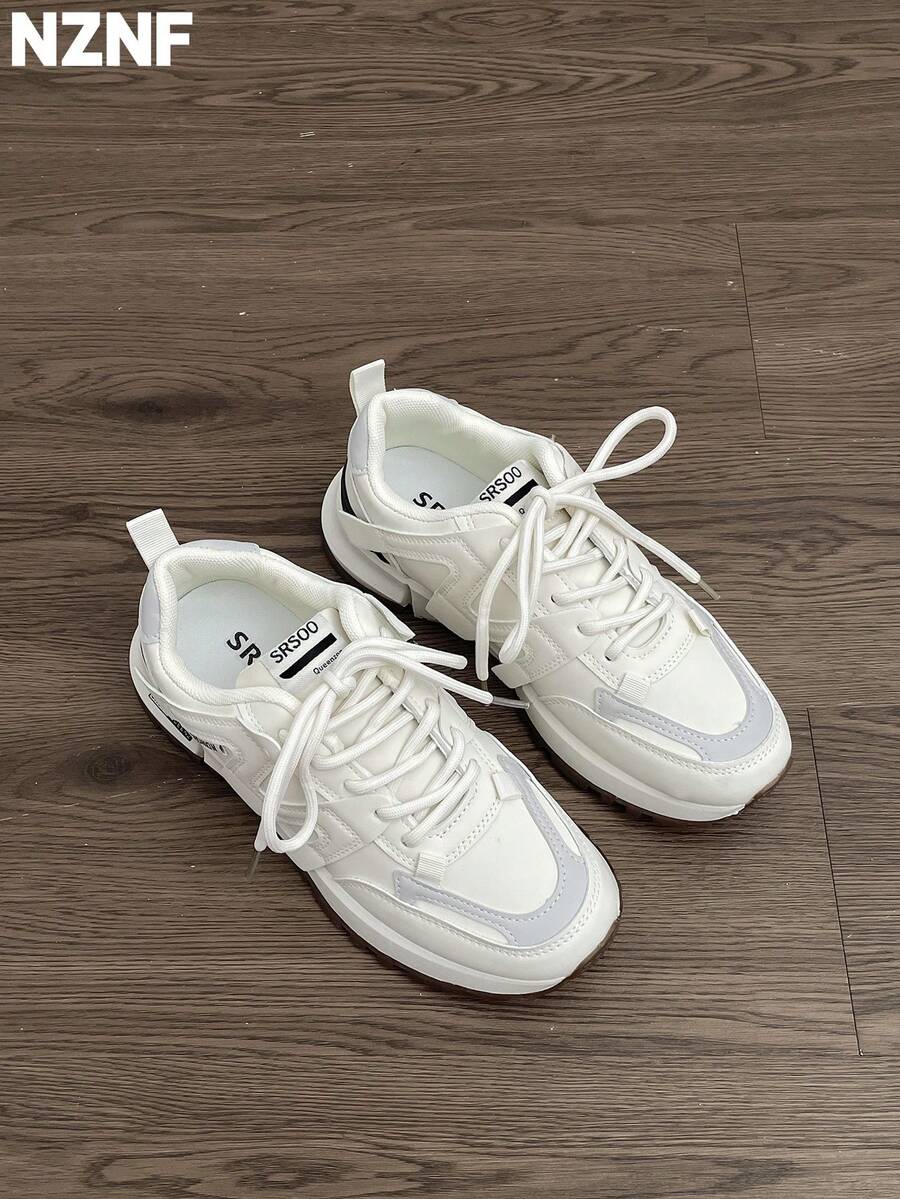 NZNF 2025 New Arrival White Chunky Sneakers, Vintage Low-Top Casual Shoes, Flattering Silhouette - Beige - View 1