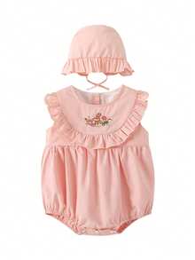 Set de 2 piezas Pelele bordado dulce para bebé niña con sombrero, conjunto de verano - Rosa Pálido - Ver 12