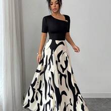WNS  Elenzya Vestido de línea A con cintura ceñida, cuello en V, con patrón abstracto en blanco y negro y decoración de hebilla de metal, elegante para uso diario, vacaciones, viajes, San Valentín, citas, ropa de calle, fiestas, principios de primavera/primavera-verano - Verde Oscuro - Ver 8