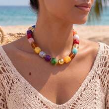 Women's Colorful Acrylic Beaded Necklace, Bohemian Style Heart & Starfish Pendant Necklace, Adjustable, Summer Beach Vacation Jewelry Gift - Multicolor - View 5