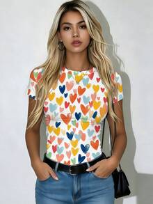 Women's Summer Vacation Style Round Neck Short Sleeve Printed T-Shirt, Casual Minimalist Cute Top - Multicolor - View 3