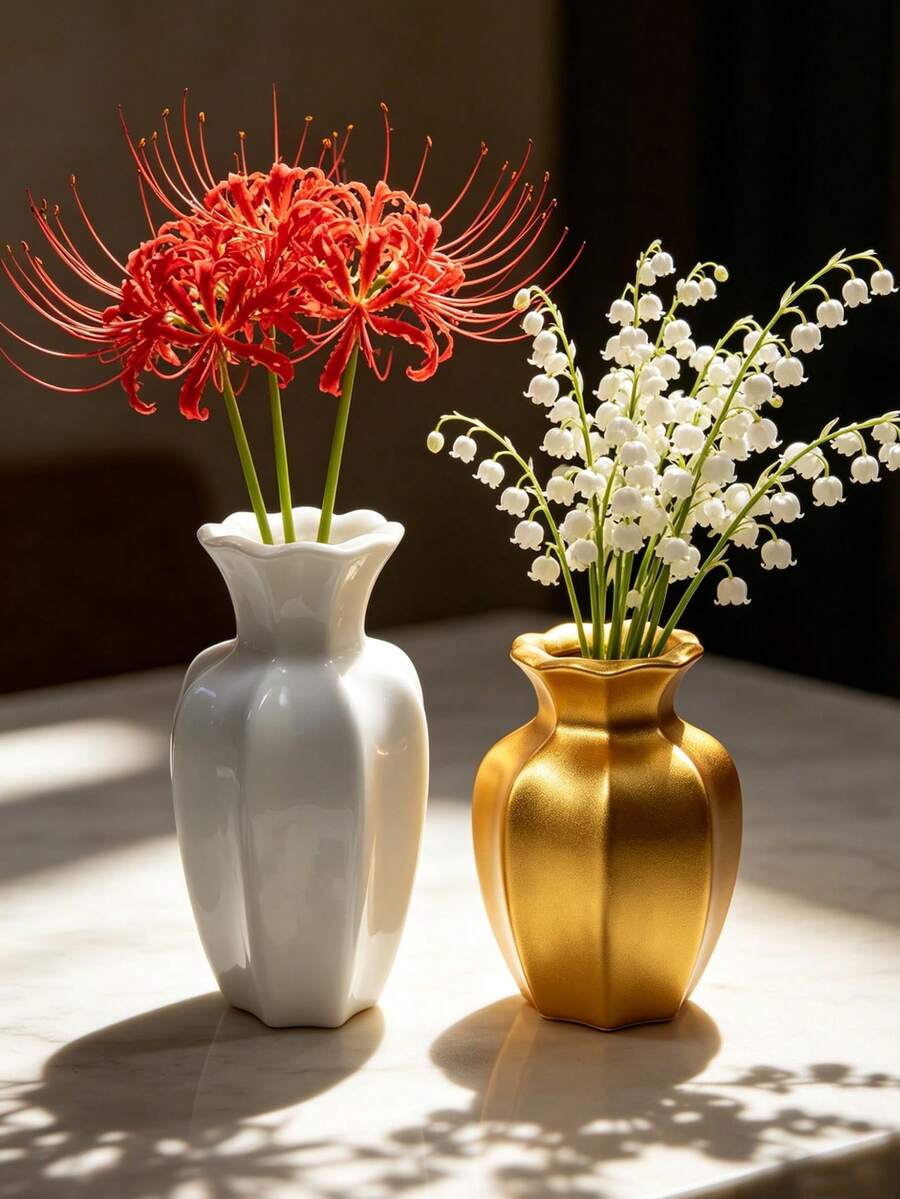 1pc Octagonal Lotus Edge Resin Vase - Luxury European Vintage Vase, Glossy White & Matte Gold Color Combination, Suitable For Windowsill And Living Room, Universal Vase, Can Hold Red Roses, Eucalyptus And Dried Flowers - New Model - View 1