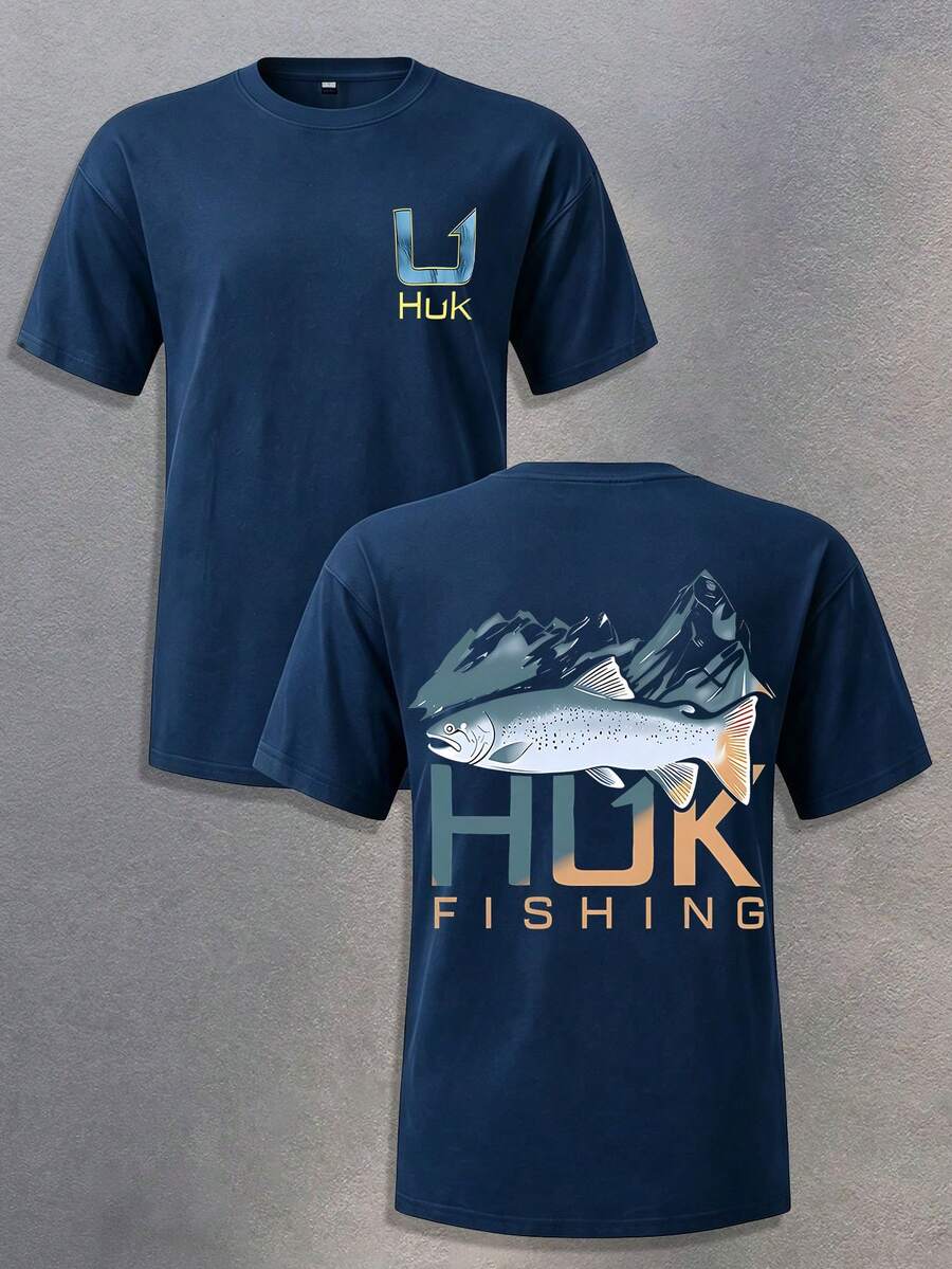 Huk Performance Fishing - Men's Loose Short-Sleeve 100% Cotton T-Shirt With "HUK" Letter Badge And Blue Tuna Pattern, Spring/Summer Style, Y2K Street Retro Casual Outdoor Patriotic Aesthetics, Loose 100% Cotton Pullover, Gift - Navy Blue - View 1