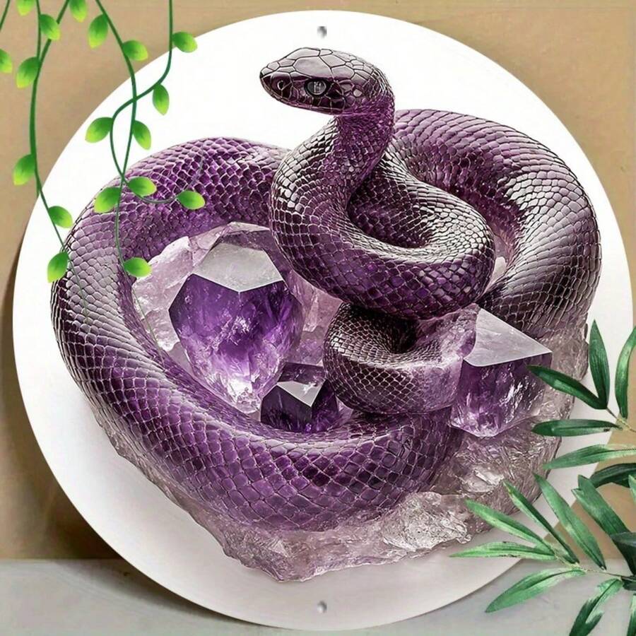 7.87*7.87 Inch 2D Flat Purple Crystal Snake Metal Sign, Weather-Resistant Waterproof With Pre-Drilled Holes For Easy Installation, Personalized Animal Style Wall Decor, Suitable For Home, Living Room, Office, Coffee Shop Soft Furnishing, Niche Atmosphere Decorative Ornament, Creative Gift For Best Friend Birthday, New Store Opening, Housewarming, Personalized Party