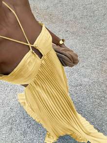 Women's Sleeveless Halter Backless Pleated Bust Long Cocktail Dress Wedding Party Yellow Fall - Yellow - View 2