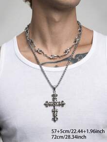 2pcs Cross Asymmetrical Wave Hip-Hop Style Stainless Steel Multi-Color Men's Necklace Set, Suitable For Parties, Gifts And Vacations - Multicolor - View 3