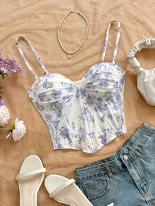 Camiseta de malla con estampado floral vintage romántico para mujer, adecuada para vacaciones, citas, té de la tarde, festivales de música, estilo bohemio - Púrpura malva - Ver 1