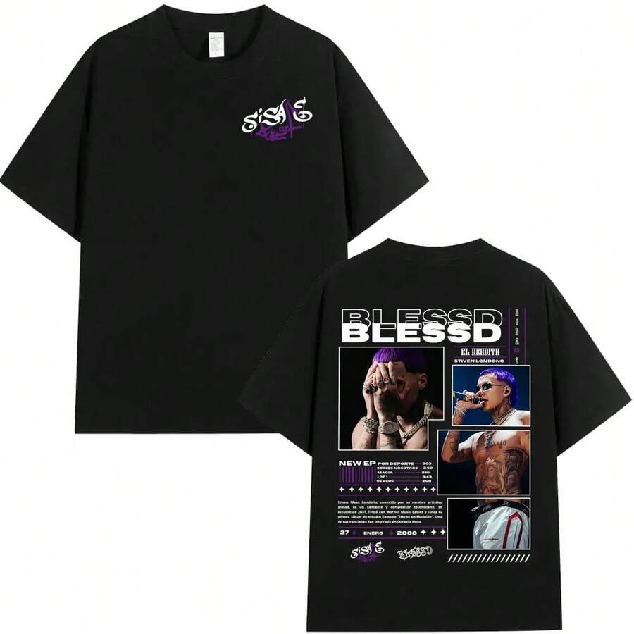 Camiseta del álbum 2025 de Rapper Blessd SI SABE, para hombre y mujer, estilo vintage, de manga corta, de algodón, casual, de talla grande. - Negro - Ver 1