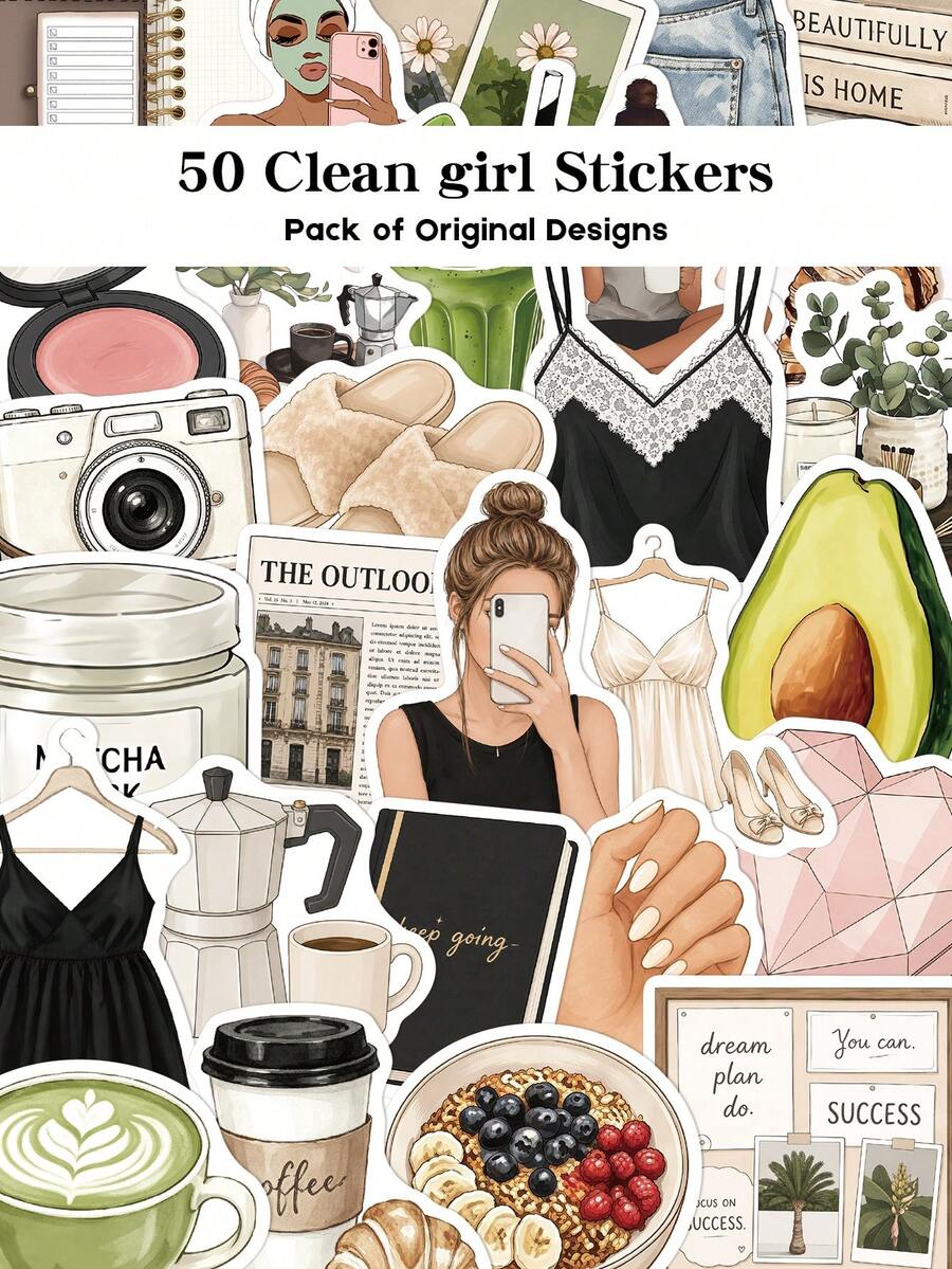50pcs Clean Girl Stickers Minimalist Style Decorative Transparent Stickers For Laptop Suitcase Scrapbook Diy Decor - Clean Girl - View 1