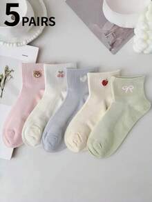 5雙女款可愛甜美透氣心形、蝴蝶結、草莓、櫻桃、熊圖案短隱形襪、船襪、踝襪，白色糖果色調，適合日常休閒穿著，四季通用返校季，趣味襪 - 彩色 - 查看 8