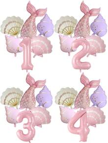 6pcs Mermaid Tail Shell Conch Number Balloon Set Pink 1-9 Foil Balloons Ocean Theme Balloons For Girl Birthday Baby Shower Decorations - Mermaid Shell - View 2