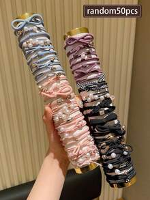 50件隨機混色女款珍珠裝飾波希米亞風彈性髮圈與手鍊，柔軟不傷髮髮帶，4款馬尾綁繩，適合可愛女孩，休閒運動髮繩，丸子頭髮圈，耐用且不傷髮，四季可穿戴，女友節日禮物，日常通勤、約會、青春造型，百搭易造型，海灘度假實用必備，橡皮筋髮圈 - 彩色 - 查看 10