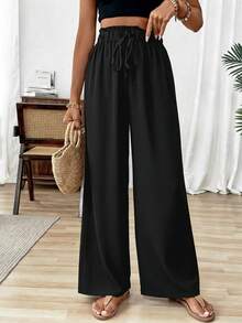 Pantalones anchos de pierna ancha con estampado de lunares, con nudo en la cintura, estilo casual de vacaciones para mujer - Negro - Ver 1