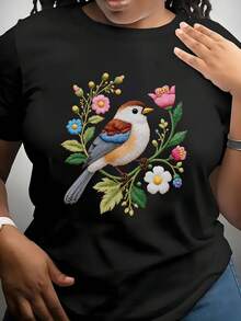 Soft And Exquisite T-Shirt With Bird Embroidery - The Delicate Embroidered Pattern Of Birds Perched On Branches And Colorful Flowers Is A Must-Have For Nature Lovers. This Stylish And Unique Casual Piece Adds A Distinctive Touch To Your Everyday Wardrobe. - 黑色 - 查看 1