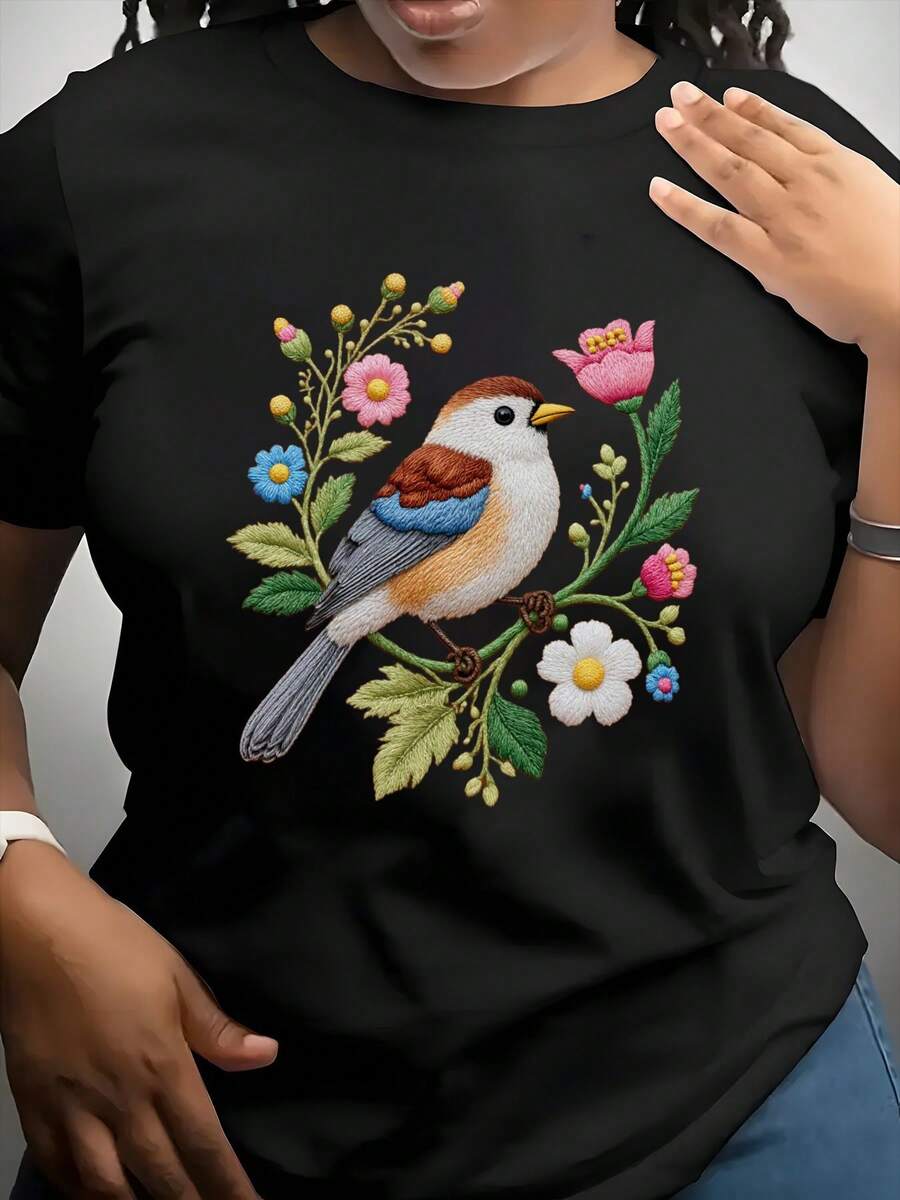 Soft And Exquisite T-Shirt With Bird Embroidery - The Delicate Embroidered Pattern Of Birds Perched On Branches And Colorful Flowers Is A Must-Have For Nature Lovers. This Stylish And Unique Casual Piece Adds A Distinctive Touch To Your Everyday Wardrobe. - 黑色 - 查看 1