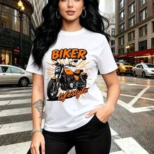 Camiseta de mujer con estampado audaz "BIKER lifestyle" en naranja con motocicleta y letras cursivas - diseño urbano moderno para chicas con estilo rebelde, ajuste cómodo y fresco ideal para caminar por la ciudad o salir con amigos - regalo perfecto - Blanco - Ver 11