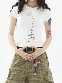 Women's Short-Sleeved T-Shirt With Original American Style Design And Letter Print, Versatile Casual Summer Top For Women. - 白色 - 查看 1