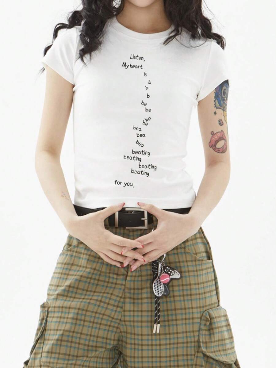Women's Short-Sleeved T-Shirt With Original American Style Design And Letter Print, Versatile Casual Summer Top For Women. - 白色 - 查看 1