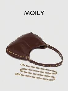 Bolso bandolera de silla de montar con remaches ajustable para mujer de talla grande y estilo punk - Café integral - Ver 4