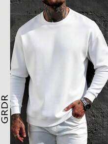 Men's Solid Color Long Sleeve Casual Loose Fit Pullover Sweatshirt - White - View 2