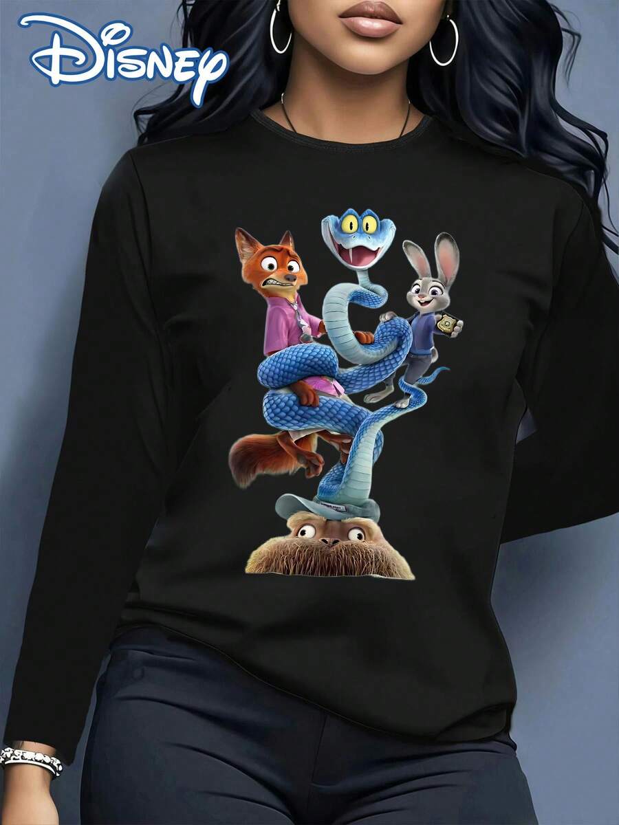 Disney Licensed Zootopia 2 Women Long Sleeve T-Shirt, Breathable Comfy Lightweight Top With Fun Prints For Daily Wear & Family Travel - Black - View 1