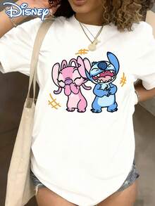 Disney Licensed Lilo Stitch & Angel Laugh Print Crew Neck Tee, Versatile Short Sleeve For Daily Outdoor Casual & Sports Wear - 白色 - 查看 2