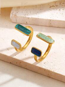 2pcs Stainless Steel Minimalist Summer Style Sapphire Blue Rings Set, Suitable For Women's Daily & Vacation Wear, Gift For Her - Multicolor - View 2