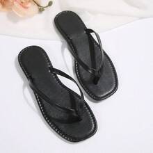 春夏新品 女款巧克力棕色夾腳涼鞋 方頭平底人字拖鞋 休閒室內/室外拖鞋 - 黑色 - 查看 7