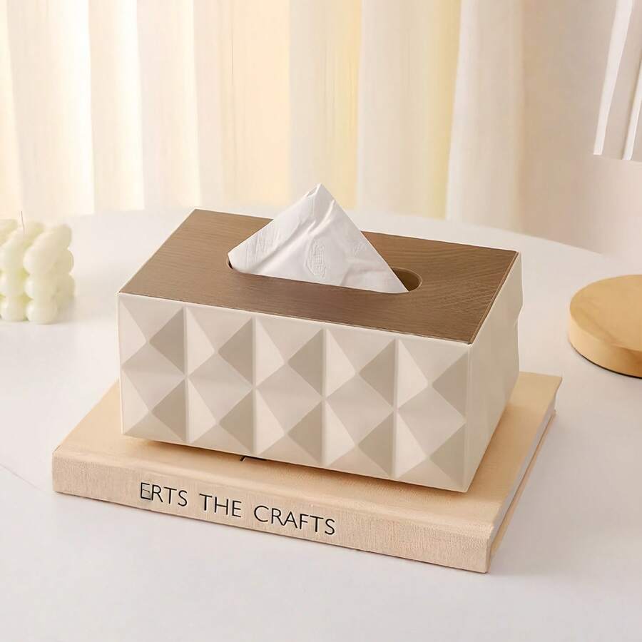 1 pièce Boîte à mouchoirs en bois avec couvercle, motif géométrique moderne embossé, support et organisateur de mouchoirs faciaux, distributeur de serviettes, accessoire de rangement décoratif pour la maison, la salle de bain, la chambre et le salon