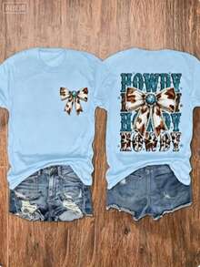 Western Tops Women, Turquoise Bow-Knot Print Round Neck Short Sleeve Top, Gift For Mom, Western Cowgirl Style, Country Outfit, Summer Cowboy Tee, Free Shipping - 淺藍色 - 查看 6