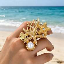 1件裝海星珊瑚貝殼設計女款誇張戒指，夏季度假海灘旅行波希米亞風戒指，附人造珍珠 - 2501金色3件套 - 查看 5