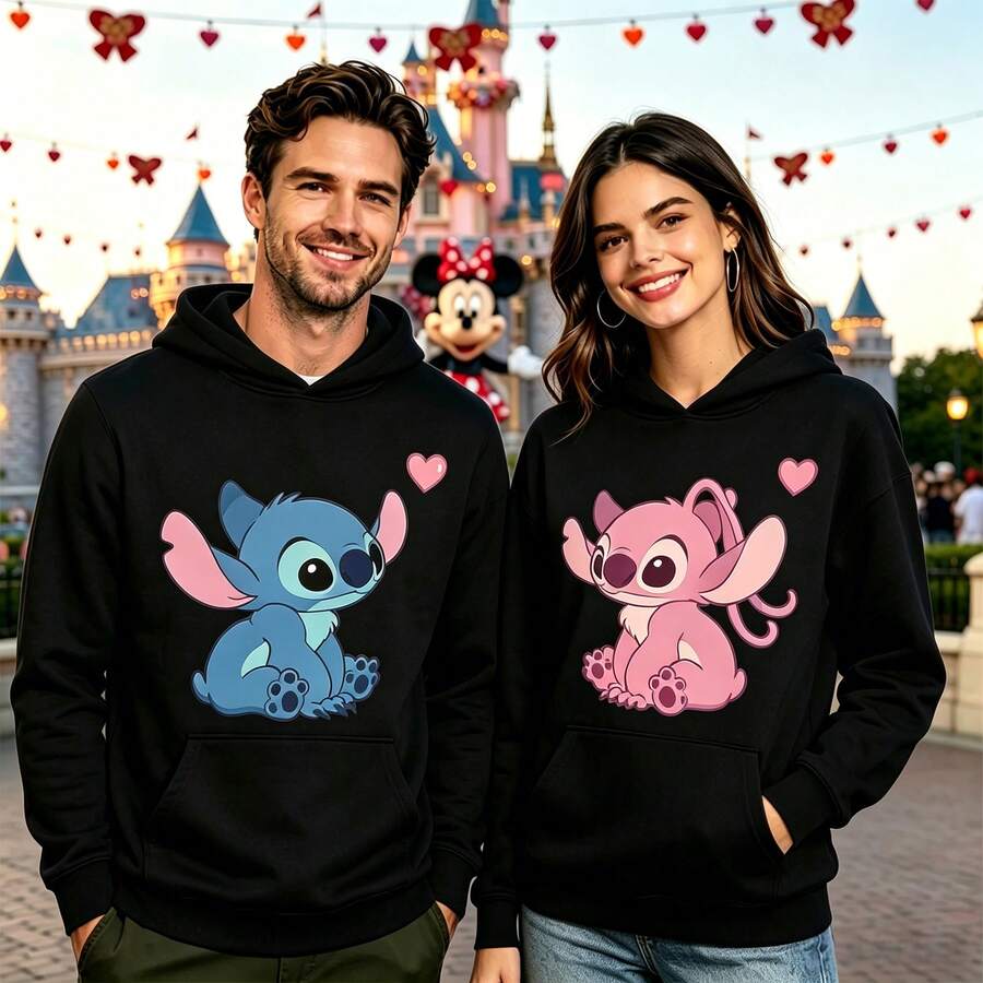 Disney Lilo&Stitch Themed Couple Pattern T-Shirt, Featuring A Blue And Pink Color Scheme, Is A Popular Choice For Disney Enthusiasts. It Has A Cute Atmosphere And Is Suitable For Daily Wear, Including Popular Hoodies, Disney Vacation Hoodies, Disney Park Hoodies, Disney Group Hoodies, Disney Mickey Classic Unisex Pullover Hoodies, Cute Disney Zip Up Hoodies/Disney Journey Hoodies/Disney Park Zip Up Hoodies/Castle Hoodies. The Loose Oversized Version Has Street Style Features And Is Easy To Shoulder Support Without Constraints. Soft And Skin Friendly Fabric, Comfortable And Warm, Suitable For Retro Fashion Enthusiasts, Disney Fans, And Daily Leisure Commuting Groups - Bà - Đen - Xem 1