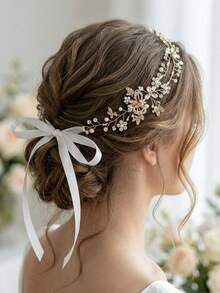 1 pieza Diadema suave y romántica, accesorio para el cabello de novia con decoración de cristales, perlas y enredaderas, diadema de boda hecha a mano con lazo de cinta de satén - Multicolor - Ver 2