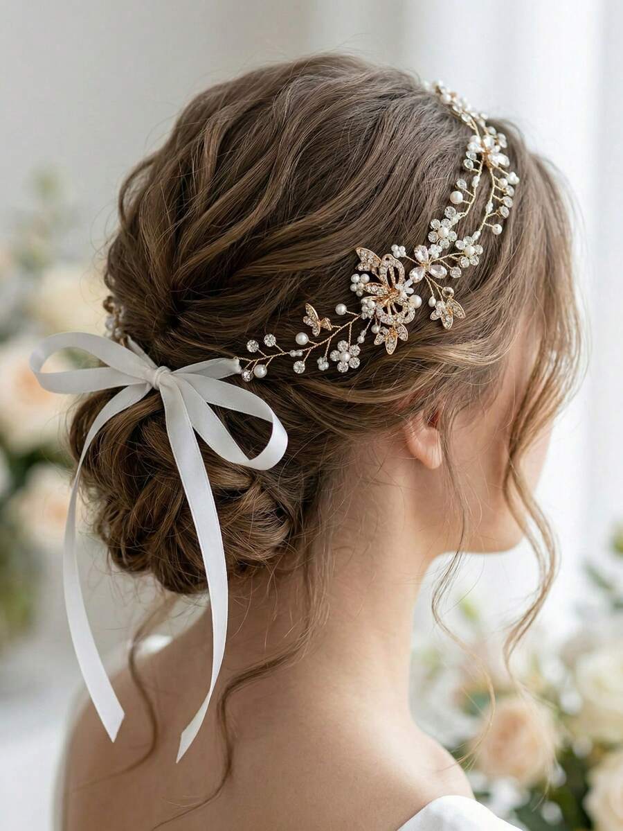 1 pieza Diadema suave y romántica, accesorio para el cabello de novia con decoración de cristales, perlas y enredaderas, diadema de boda hecha a mano con lazo de cinta de satén
