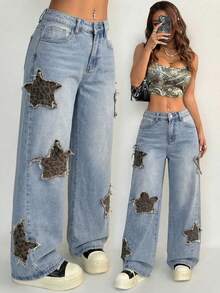 Jeans desgastados con estampado de estrella de estilo atlético y grunge para mujeres - Azul 3 - Ver 1
