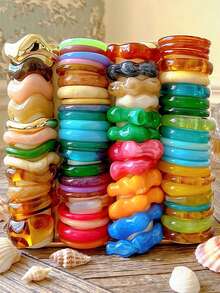 12/9/8/4/1 Peças Conjunto de Pulseiras Boêmias Vintage Elegantes, Vibrações de Férias de Verão Chiques, Geométricas Assimétricas em Ondas, Cores Café, Azul, Verde, Laranja, Rosa, Resina Colorida Acrílica Exagerada, Tie Dye, Empilháveis, Minimalistas Personalizadas de Alta Qualidade, Acessórios de Joalheria Adequados para Mulheres, Uso Diário, Festa na Praia, Aniversário, Presente para Ela (Padrões de Resina Aleatórios) - Multicolorido - Visão 1