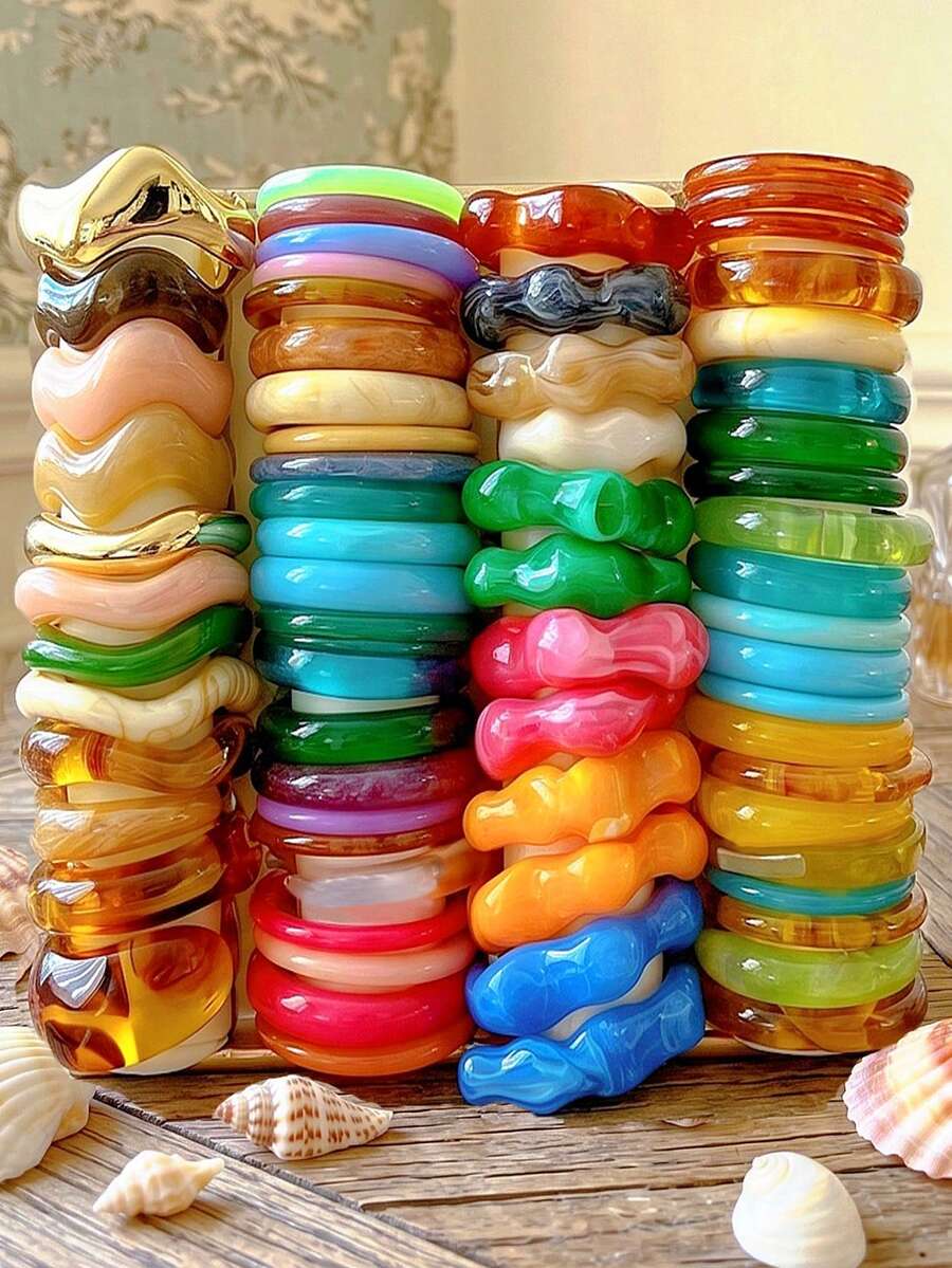 12/9/8/4/1 Peças Conjunto de Pulseiras Boêmias Vintage Elegantes, Vibrações de Férias de Verão Chiques, Geométricas Assimétricas em Ondas, Cores Café, Azul, Verde, Laranja, Rosa, Resina Colorida Acrílica Exagerada, Tie Dye, Empilháveis, Minimalistas Personalizadas de Alta Qualidade, Acessórios de Joalheria Adequados para Mulheres, Uso Diário, Festa na Praia, Aniversário, Presente para Ela (Padrões de Resina Aleatórios) - Multicolorido - Visão 1