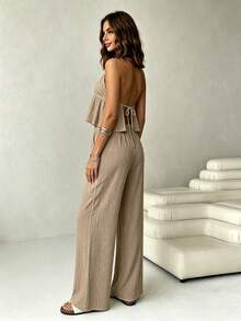 2pcs/Set Women Woven Backless Halter Top And Pants Casual Vacation Outfit, Deep Wine Red Two Piece Vacation Set Women Summer - 卡其色 - 查看 2