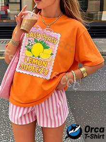 Y2K Personalized  Fashion Pure Cotton Women's T-Shirt, Loose Short-Sleeved Top, Street Style Elegance, Casual And Breathable For Everyday Wear, Creative Printed Summer Clothing, Outdoor Sports Gift. The Printed Pattern Features A Lemon Theme Design With The Words "EASY PEASY LEMON SQUEEZY" On It. The Colors Are Bright And Full Of Energy, Suitable For Summer Outfits, Vacation Outfits For Women, Summer Clothes, 4th Of July Outfits For Women - màu xanh lá - Xem 7