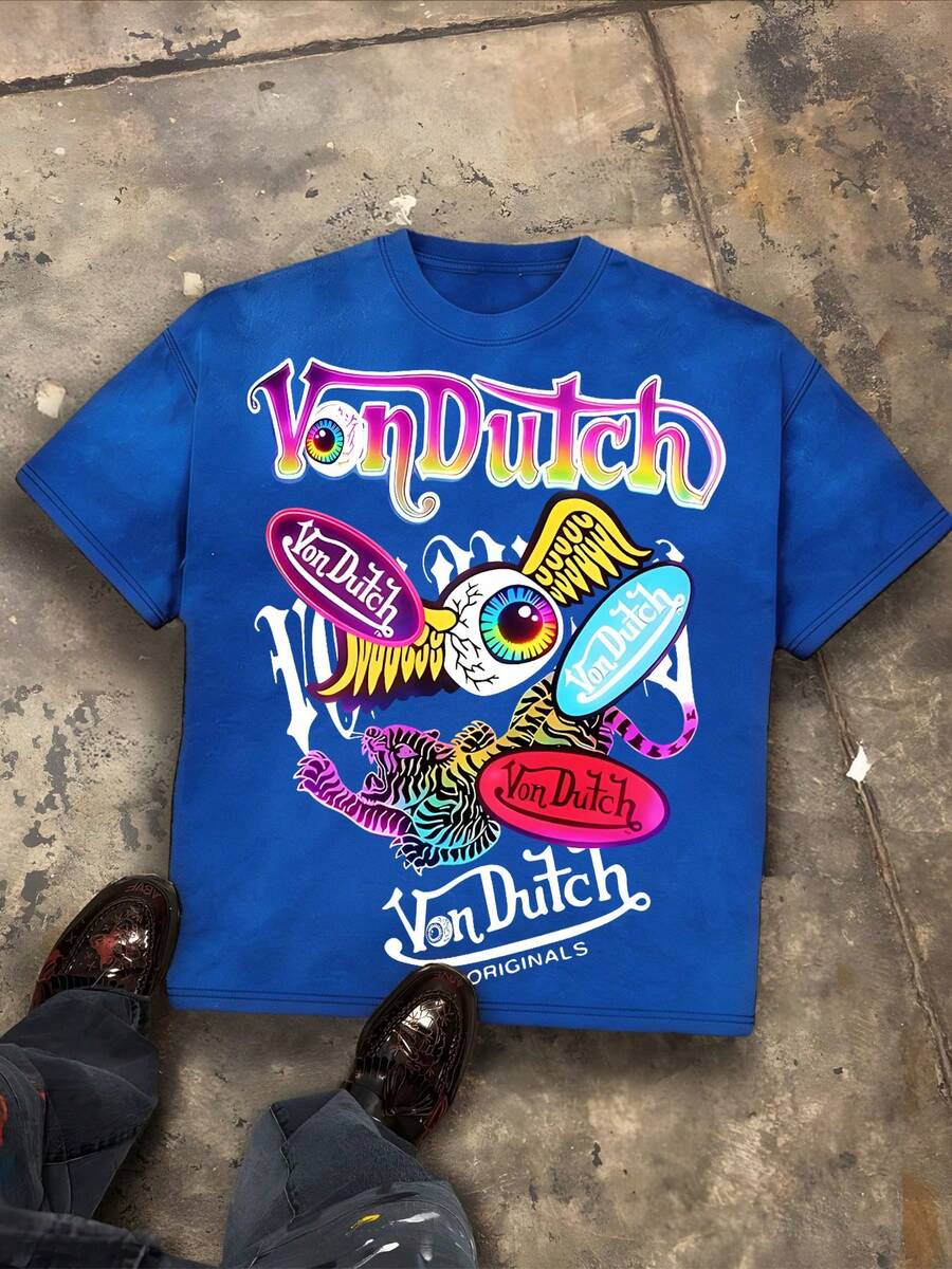 Von O Dutch Classic Sci-Fi Style Tops - Oversized Old Printed Washed T-Shirt. Men's 100% Cotton, Loose Fitting, Y2K Street Retro Casual Urban Aesthetics, 100% Cotton Pullover. Gifts Men Clothes Men Shirts Graphic Teens Men Vintage T Shirts Graphic Tees Tanktop - Màu xanh lam - Xem 1
