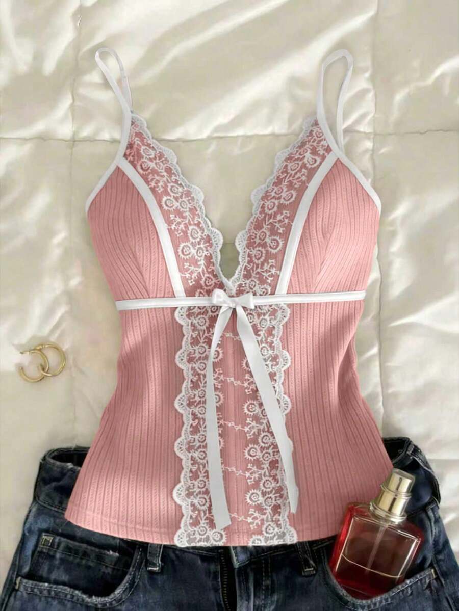 Top de camisola de fiesta con parches de encaje y decoración de lazo - Rosa Pálido - Ver 1
